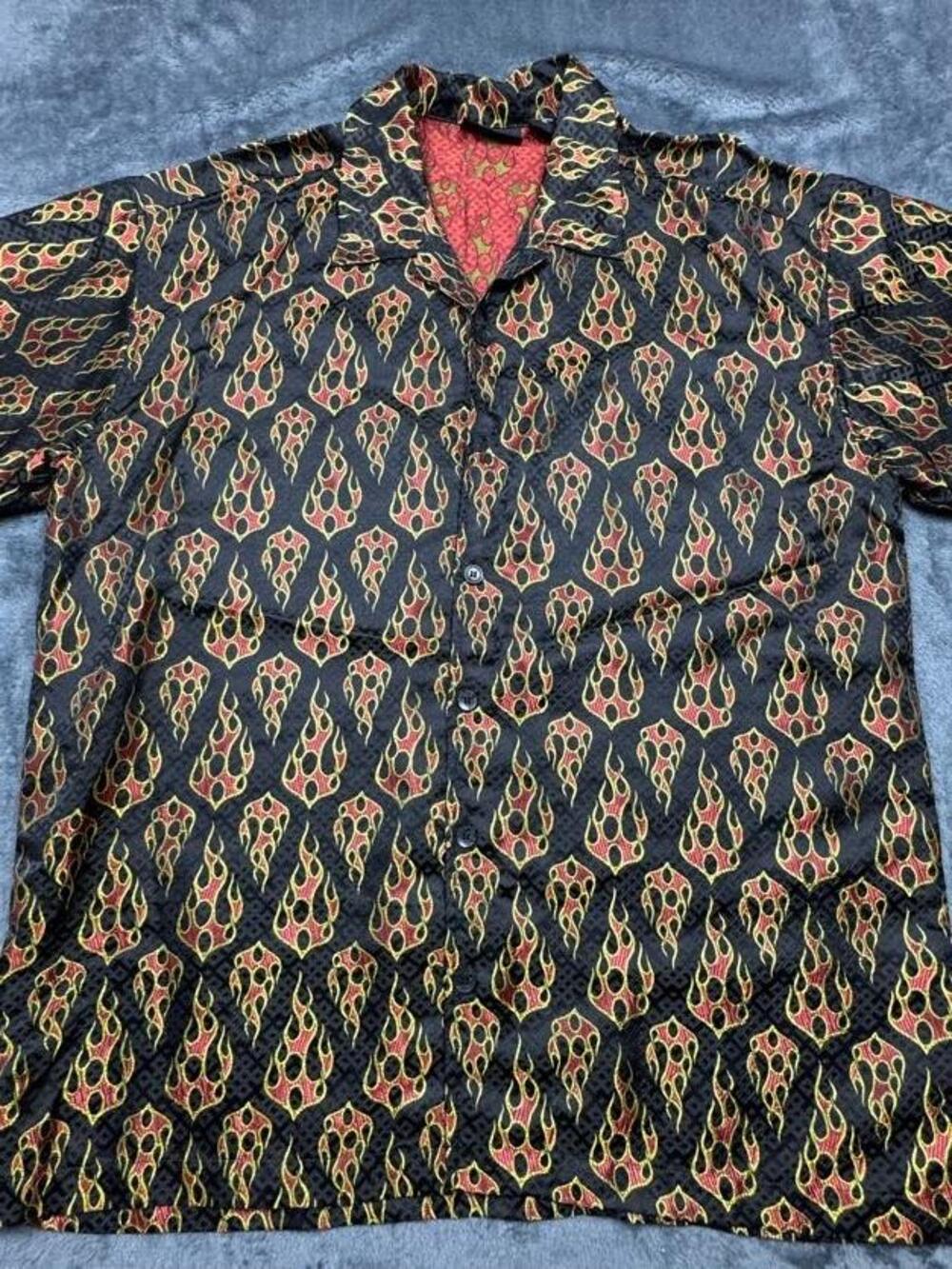 ODO Shirt Mens XL Black Flame Print Short Sleeve Button Up Casual Rayon Nylon